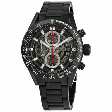Close-up of TAG Heuer Carrera Calibre 1887 replica watch showcasing silver dial with chronograph subdials, stainless steel case, and black leather strap.