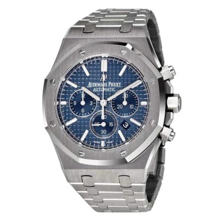 Replica Audemars Piguet Royal Oak Chronograph watch with silver-toned dial, stainless steel case and bracelet, featuring three sub-dials and luminous hour markers.