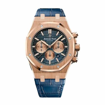 Replica Audemars Piguet Royal Oak Chronograph men's watch with blue dial, 18k rose gold case, and black leather strap.