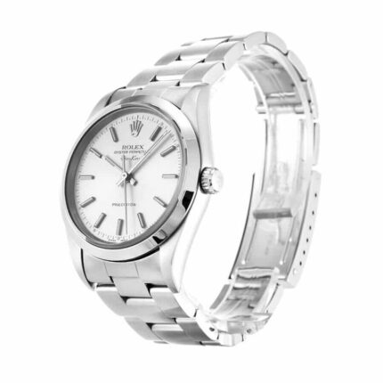 Replica Rolex Air King watch with stainless steel case and bracelet, silver dial, and baton hour markers.