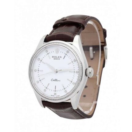 Rolex Cellini replica watch with white dial and Arabic numerals, left side view.