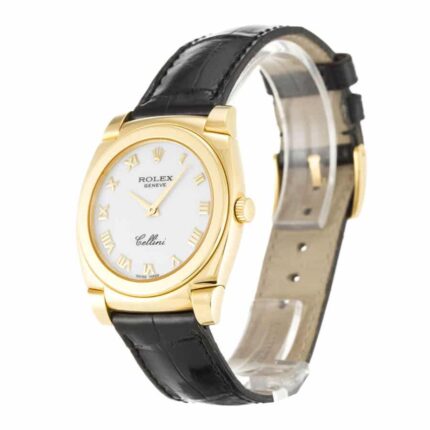 Replica Rolex Cellini watch in yellow gold with white dial, showcased from the left side.