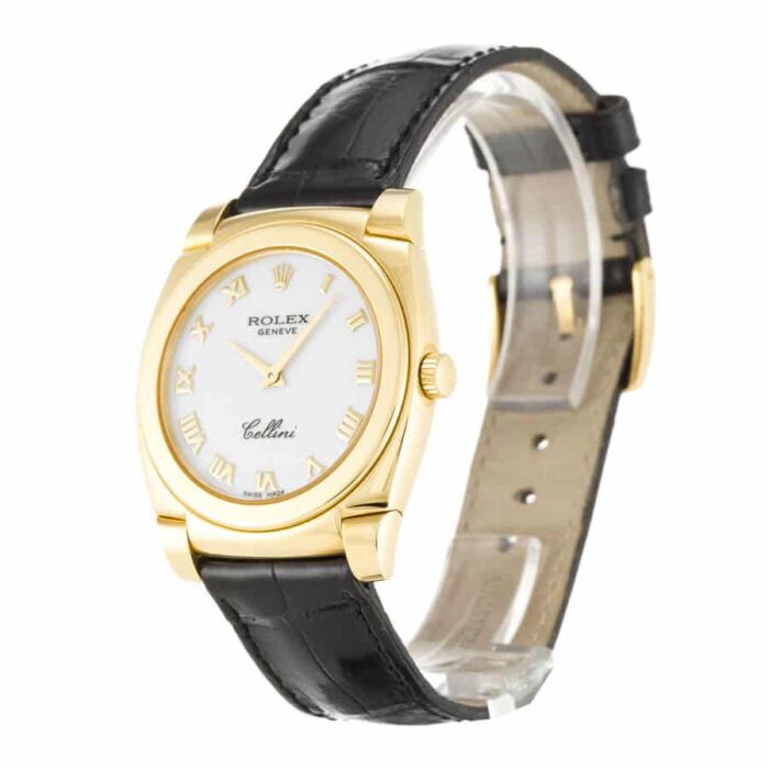 Replica Rolex Cellini watch in yellow gold with white dial, showcased from the left side.