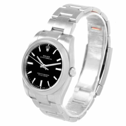 Replica Rolex Oyster Perpetual watch with black dial, stainless steel case and bracelet, and luminous hour markers.
