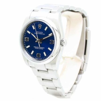 Replica Rolex Oyster Perpetual men's watch with stainless steel case and bracelet, featuring a vibrant blue dial and silver hour markers.
