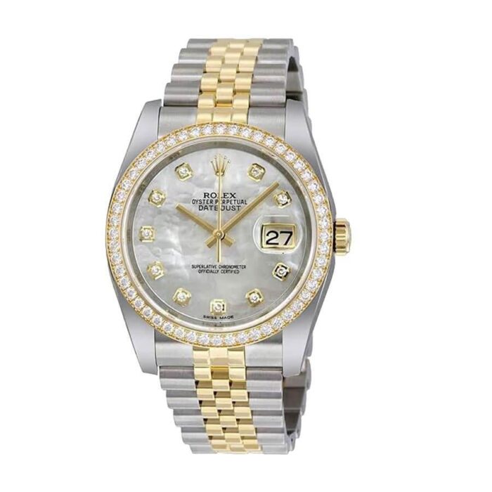 Close-up image of a luxury replica watch with a silver dial and metallic bracelet, displayed on a black cushioned watch stand
