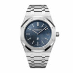 Audemars Piguet Royal Oak 15202ST men's watch with a stainless steel case and bracelet, featuring a classic blue dial and intricate tapisserie pattern.