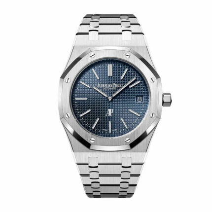 Audemars Piguet Royal Oak 15202ST men's watch with a stainless steel case and bracelet, featuring a classic blue dial and intricate tapisserie pattern.