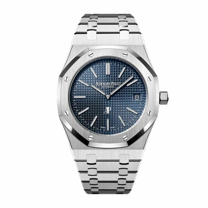 Audemars Piguet Royal Oak 15202ST men's watch with a stainless steel case and bracelet, featuring a classic blue dial and intricate tapisserie pattern.