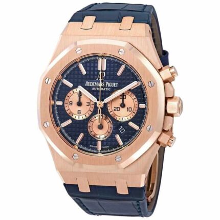 Audemars Piguet men's watch with blue dial, 18k rose gold case, and brown leather strap.