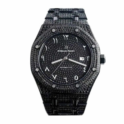 Replica Audemars Piguet Royal Oak watch with black diamond-set bezel and Arabic numeral dial, featuring a black strap.