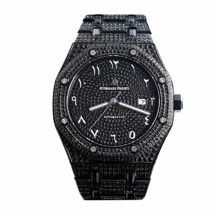 Replica Audemars Piguet Royal Oak watch with black diamond-set bezel and Arabic numeral dial, featuring a black strap.