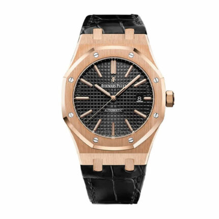 Replica Audemars Piguet Royal Oak 15400OR men's watch featuring a black dial, rose gold case, and matching rose gold bracelet.