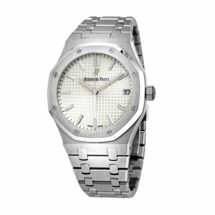 Audemars Piguet Royal Oak 15500ST men's watch with stainless steel case and bracelet, showcasing a gray tapisserie dial with luminous hands and hour markers.