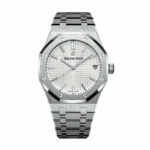 Replica Audemars Piguet Royal Oak 15500ST.OO.1220ST.04 watch with stainless steel case and bracelet, featuring a silver-toned dial and signature tapisserie pattern.