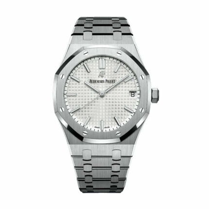 Replica Audemars Piguet Royal Oak 15500ST.OO.1220ST.04 watch with stainless steel case and bracelet, featuring a silver-toned dial and signature tapisserie pattern.