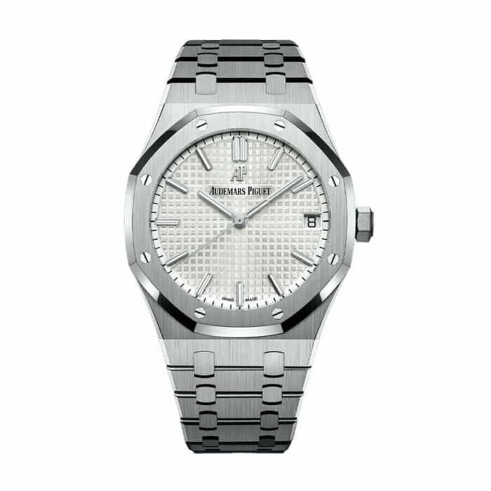 Replica Audemars Piguet Royal Oak 15500ST.OO.1220ST.04 watch with stainless steel case and bracelet, featuring a silver-toned dial and signature tapisserie pattern.