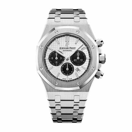 Replica Audemars Piguet Royal Oak Chronograph watch, model 26331ST.OO.1220ST.03, featuring a stainless steel case and bracelet, silver-toned dial with blue subdials, and automatic movement.