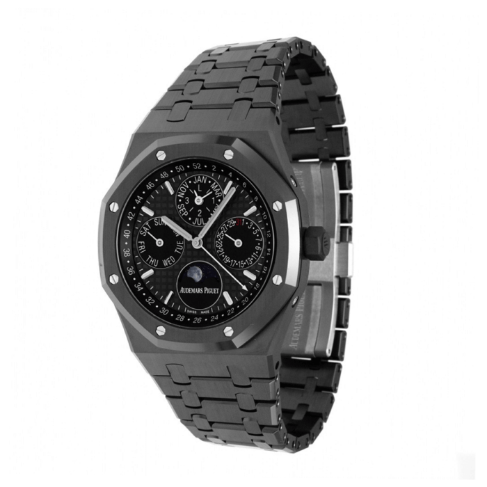 Replica Audemars Piguet Royal Oak watch with black dial and black ceramic case, showcasing a modern and sleek design.