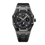 Replica Audemars Piguet Royal Oak watch with stainless steel case and bracelet, featuring a silver-toned dial with intricate detailing.