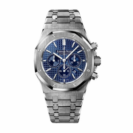 Replica Audemars Piguet Royal Oak 41mm men's watch with a striking blue dial, stainless steel case and bracelet, and signature tapisserie pattern.