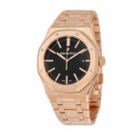 Replica Audemars Piguet Royal Oak automatic men's watch with black dial, 18k rose gold case, and stainless steel bracelet.