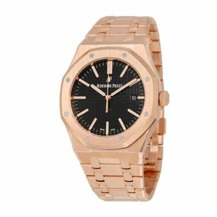 Replica Audemars Piguet Royal Oak automatic men's watch with black dial, 18k rose gold case, and stainless steel bracelet.