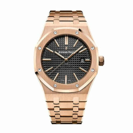 Replica Audemars Piguet Royal Oak automatic watch featuring a black dial, 18k rose gold case and bracelet, with signature tapisserie pattern and stick hour markers.