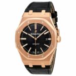 Replica Audemars Piguet Royal Oak automatic men's watch, model 15400OR.OO.D002CR.01, featuring a black dial, rose gold case, and black leather strap.