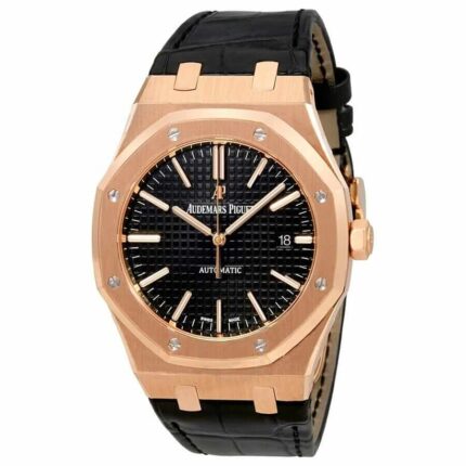 Replica Audemars Piguet Royal Oak automatic men's watch, model 15400OR.OO.D002CR.01, featuring a black dial, rose gold case, and black leather strap.