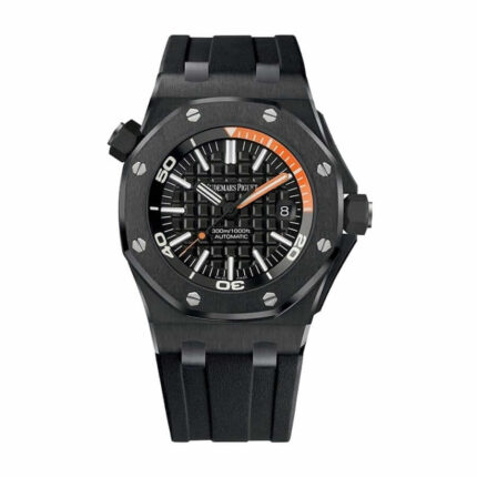 Replica Audemars Piguet Royal Oak Offshore Diver watch with black dial, stainless steel case, and black rubber strap.