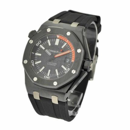 Replica Audemars Piguet Royal Oak Offshore Diver watch with black dial, stainless steel case, and black rubber strap.