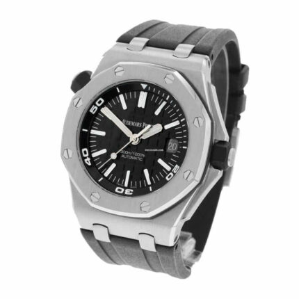 Audemars Piguet Royal Oak Offshore Diver watch featuring a black dial, stainless steel case, and rubber strap.