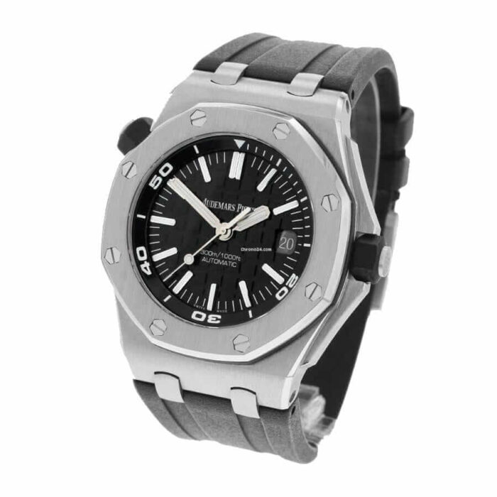 Audemars Piguet Royal Oak Offshore Diver watch featuring a black dial, stainless steel case, and rubber strap.