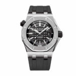 Replica Audemars Piguet Royal Oak Offshore Diver watch featuring a black dial, stainless steel case, and black rubber strap.
