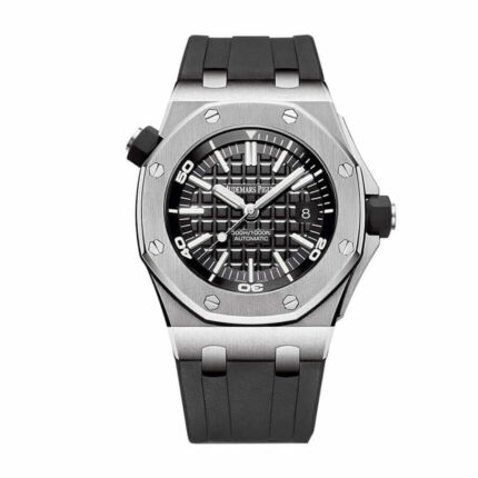 Replica Audemars Piguet Royal Oak Offshore Diver watch featuring a black dial, stainless steel case, and black rubber strap.
