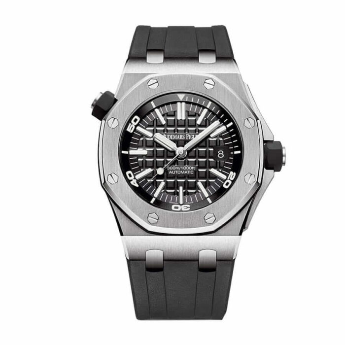 Replica Audemars Piguet Royal Oak Offshore Diver watch featuring a black dial, stainless steel case, and black rubber strap.