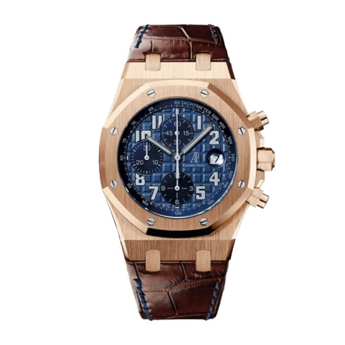 Replica Audemars Piguet Royal Oak Offshore "Pride of Argentina" men's watch with stainless steel case, black bezel, and black rubber strap, featuring a white dial with blue and yellow accents.
