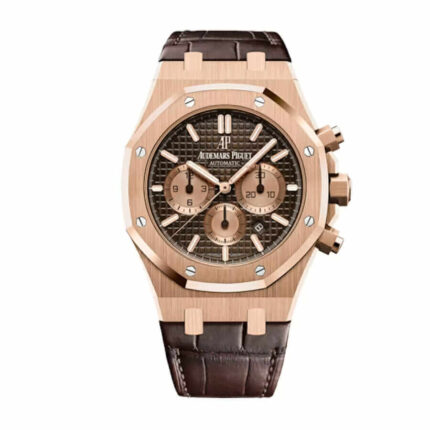 Replica Audemars Piguet Royal Oak Tourbillon Extra-Thin 26522OR watch with rose gold case and black leather strap, showcasing skeleton dial.