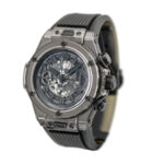 Hublot Big Bang Unico Sapphire All Black watch with transparent sapphire case, black details, and black rubber strap.