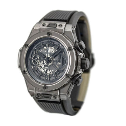 Hublot Big Bang Unico Sapphire All Black watch with transparent sapphire case, black details, and black rubber strap.
