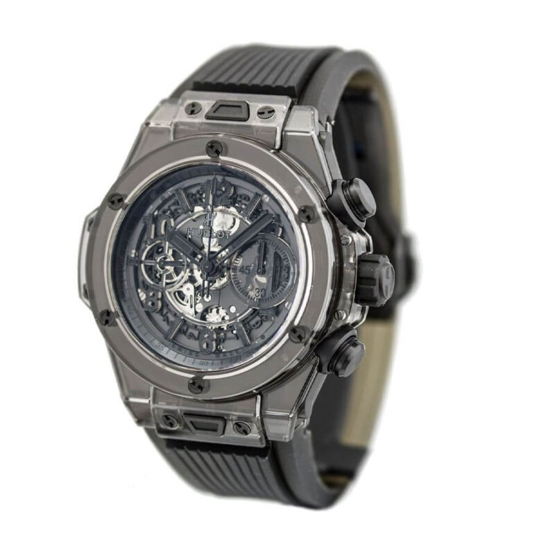 Hublot Big Bang Unico Sapphire All Black watch with transparent sapphire case, black details, and black rubber strap.