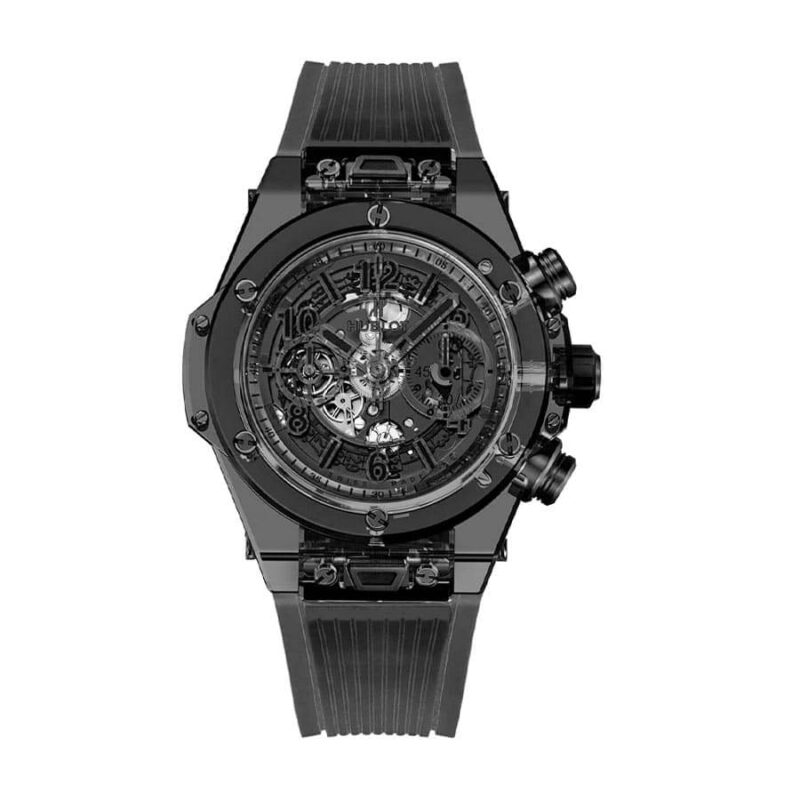 Hublot Big Bang Unico Sapphire all-black replica watch with transparent sapphire case and black rubber strap, showcasing a skeletonized dial and bold modern design.