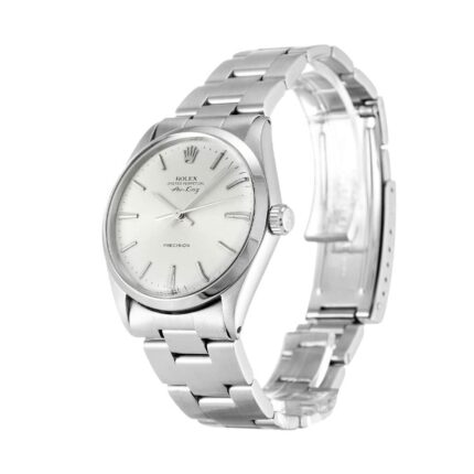 Replica Rolex Air-King 5500 watch with stainless steel case and bracelet, featuring a classic silver dial.