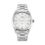 Replica Rolex Air King 5500 watch with stainless steel case and bracelet, featuring a simple black dial and silver hour markers.