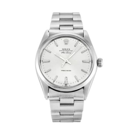 Replica Rolex Air King 5500 watch with stainless steel case and bracelet, featuring a simple black dial and silver hour markers.
