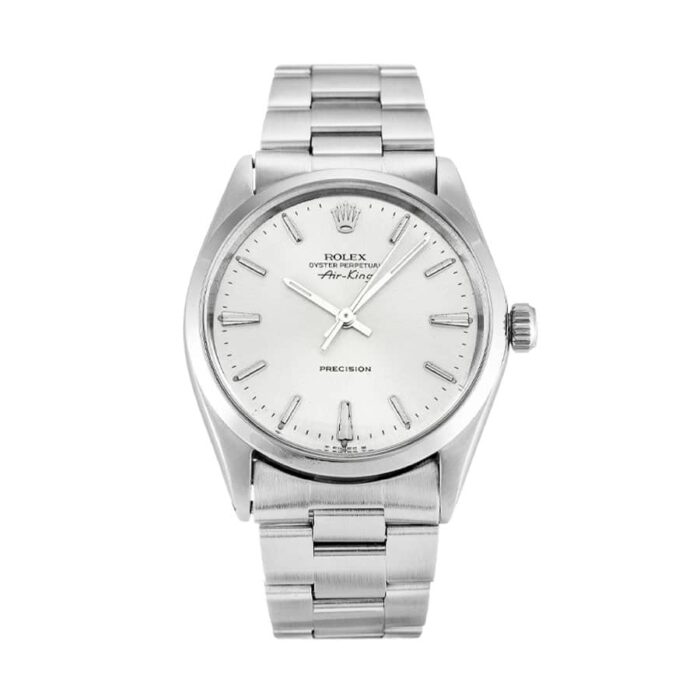 Replica Rolex Air King 5500 watch with stainless steel case and bracelet, featuring a simple black dial and silver hour markers.