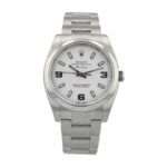 Replica Rolex Air King watch with stainless steel case and bracelet, showcasing a simple white dial with silver hour markers and a smooth bezel.