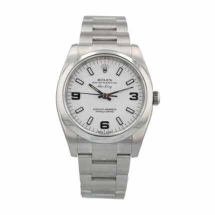Replica Rolex Air King watch with stainless steel case and bracelet, showcasing a simple white dial with silver hour markers and a smooth bezel.