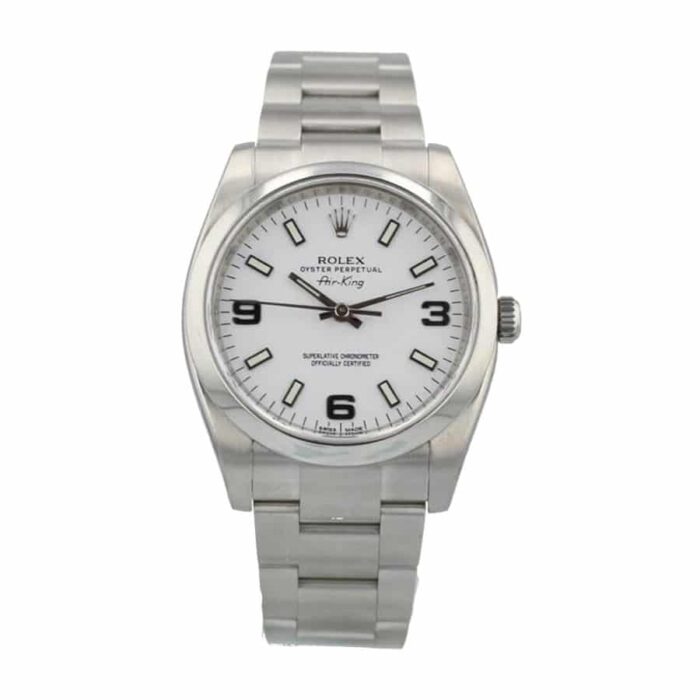 Replica Rolex Air King watch with stainless steel case and bracelet, showcasing a simple white dial with silver hour markers and a smooth bezel.